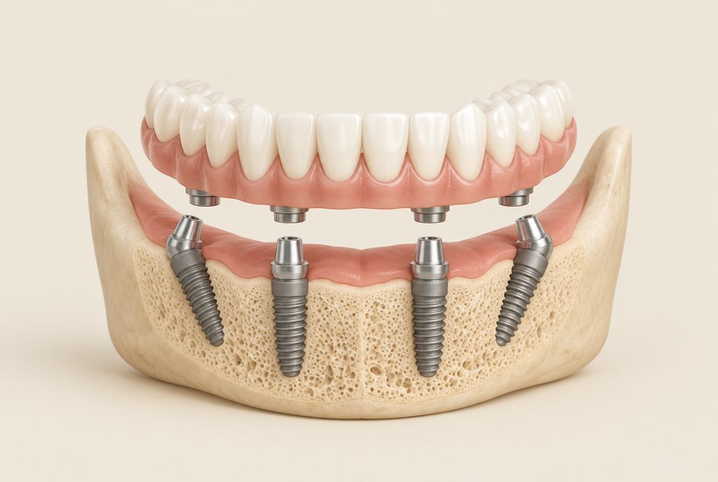 Prótesis fija de arcada completa de zirconio sobre cuatro implantes