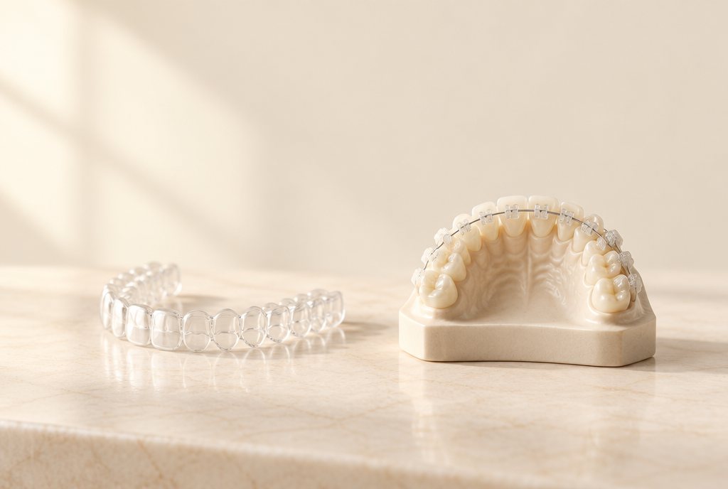 Alineador transparente junto a un modelo dental con brackets estéticos