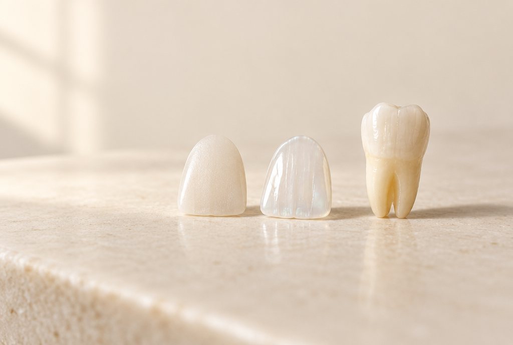 Carilla de resina y carilla de porcelana junto a un diente natural