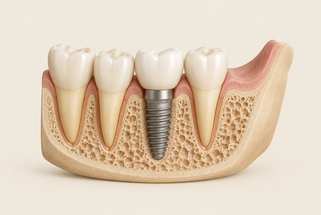 Corte de la mandíbula con un implante dental integrado al hueso y su corona