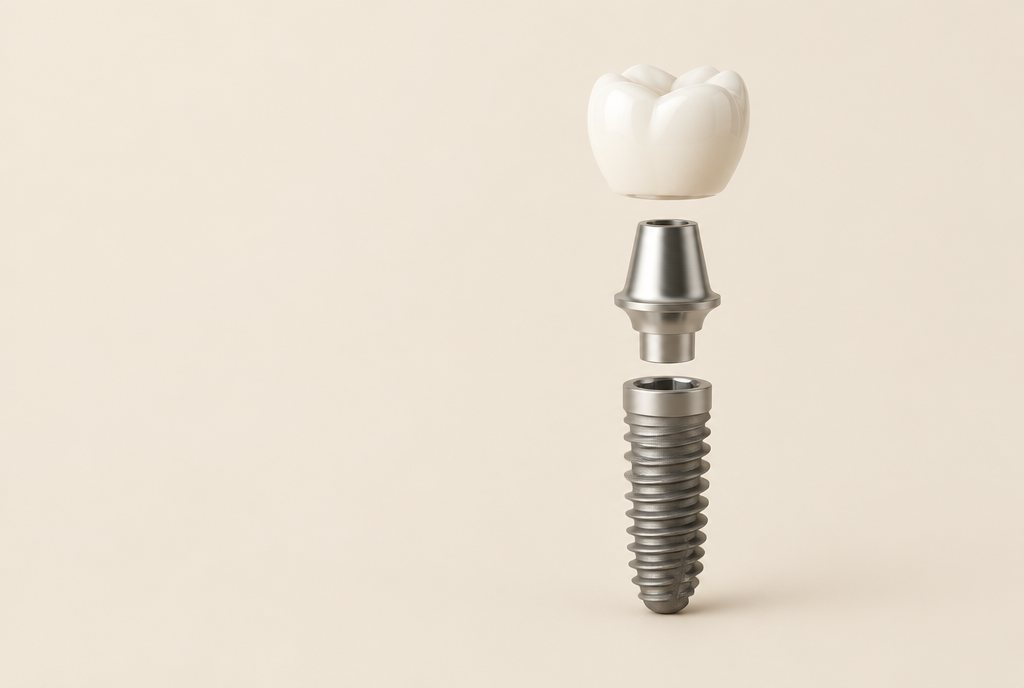 Las tres partes de un implante dental: implante de titanio, pilar y corona de cerámica